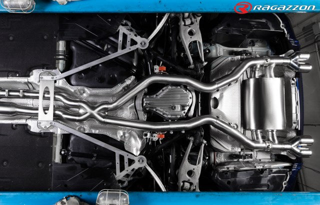 Catback-Anlage mit links/rechts je 2 Endrohren 80mm rund Raceline versetzt, mit integrierten Klappen, inkl. (EG-) GENEHMIGUNG!