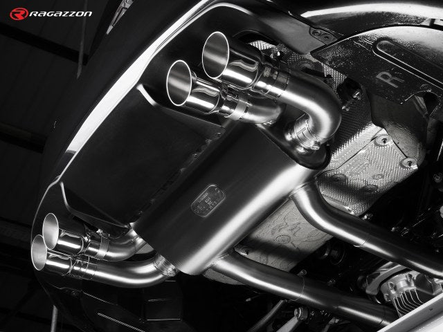 Catback-Anlage mit links/rechts je 2 Endrohren 90mm rund Sportline versetzt, mit integrierten Klappen, inkl. (EG-) GENEHMIGUNG!