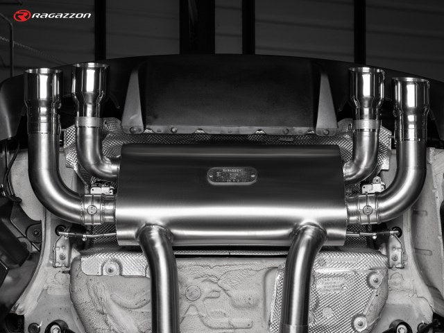 Catback-Anlage mit links/rechts je 2 Endrohren 90mm rund Sportline versetzt, mit integrierten Klappen, inkl. (EG-) GENEHMIGUNG!