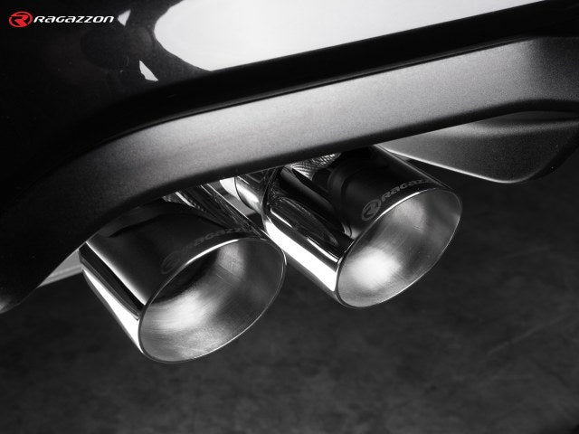 Catback-Anlage mit links/rechts je 2 Endrohren 90mm rund Sportline versetzt, mit integrierten Klappen, inkl. (EG-) GENEHMIGUNG!