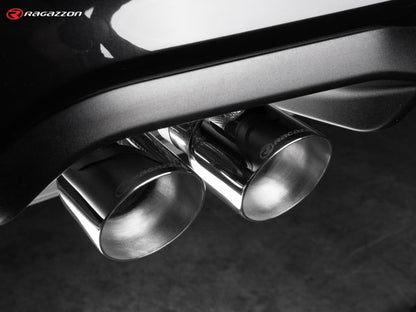 Catback-Anlage mit links/rechts je 2 Endrohren 90mm rund Sportline versetzt, mit integrierten Klappen, inkl. (EG-) GENEHMIGUNG!