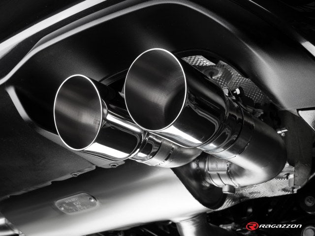 Catback-Anlage mit links/rechts je 2 Endrohren 90mm rund Sportline versetzt, mit integrierten Klappen, inkl. (EG-) GENEHMIGUNG!