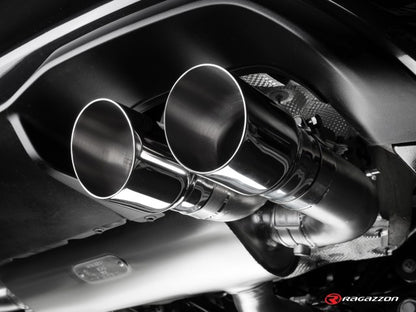 Catback-Anlage mit links/rechts je 2 Endrohren 90mm rund Sportline versetzt, mit integrierten Klappen, inkl. (EG-) GENEHMIGUNG!