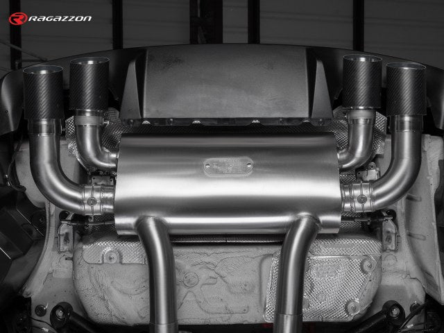 Catback-Anlage mit links/rechts je 2 Endrohren 90mm rund Carbon Shot versetzt, mit integrierten Klappen, inkl. (EG-) GENEHMIGUNG!