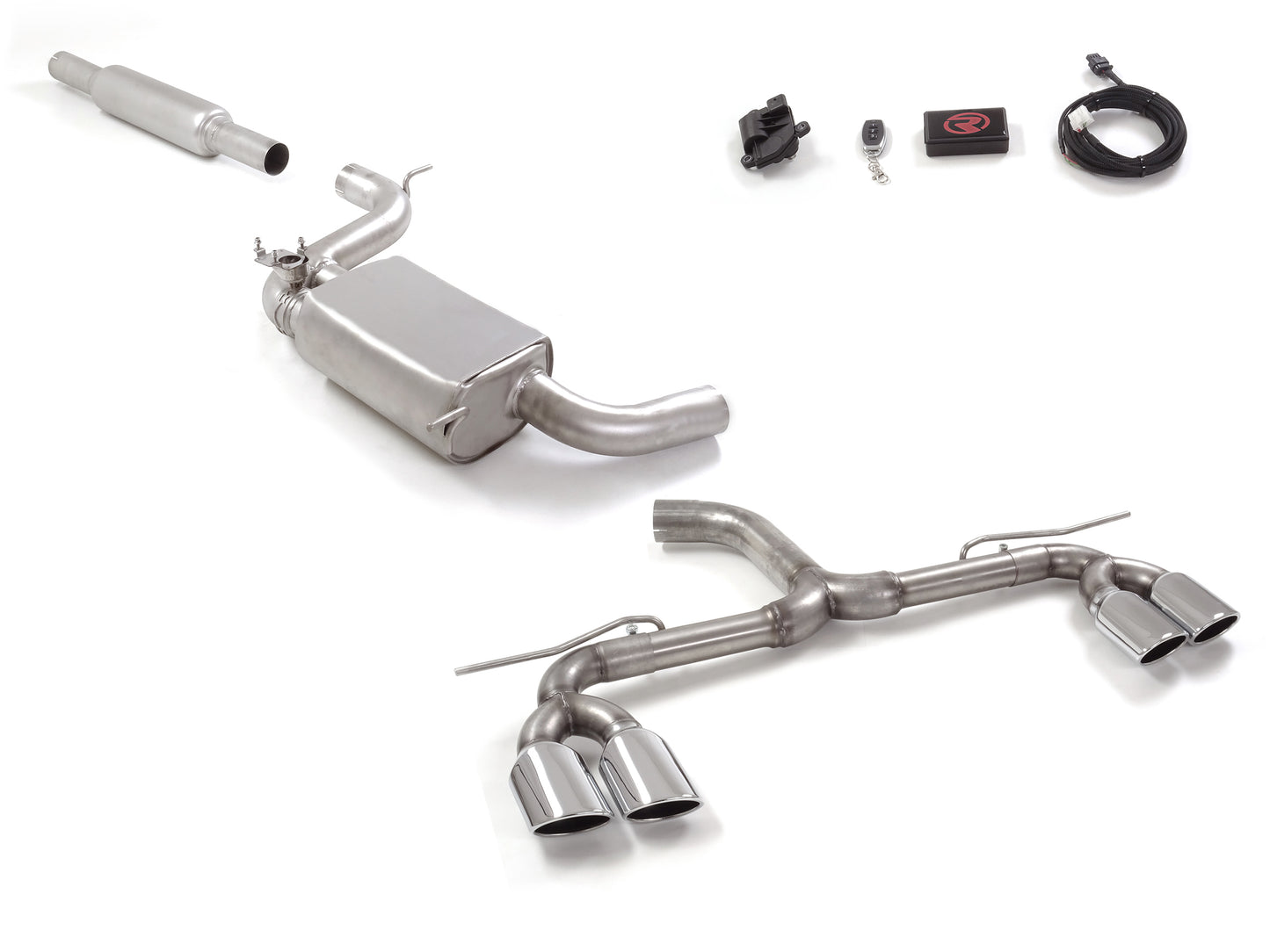 Anlage mit links/rechts je 2 Endrohren 108x70mm oval mit integrierten elektrischen Klappen, KEINE (EG-) GENEHMIGUNG!