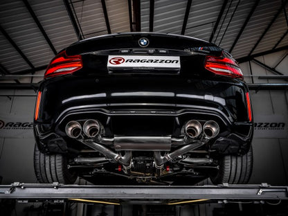 Catback-Anlage mit links/rechts je 2 Endrohren 90mm rund Sportline versetzt, mit integrierten Klappen, inkl. (EG-) GENEHMIGUNG!