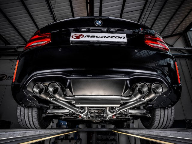 Catback-Anlage mit links/rechts je 2 Endrohren 90mm rund Carbon Shot versetzt, mit integrierten Klappen, inkl. (EG-) GENEHMIGUNG!