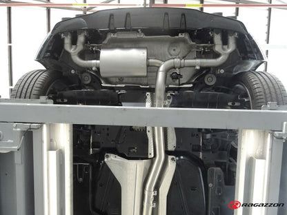 Sportschalldämpfer mit links/rechts je 2 Endrohren 90mm rund Carbon Shot versetzt, für Mercedes AMG 35 Heckschürze, inkl. (EG-) GENEHMIGUNG!