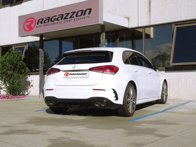 Sportschalldämpfer mit links/rechts je 2 Endrohren 90mm rund Carbon Shot versetzt, für Mercedes AMG 35 Heckschürze, inkl. (EG-) GENEHMIGUNG!