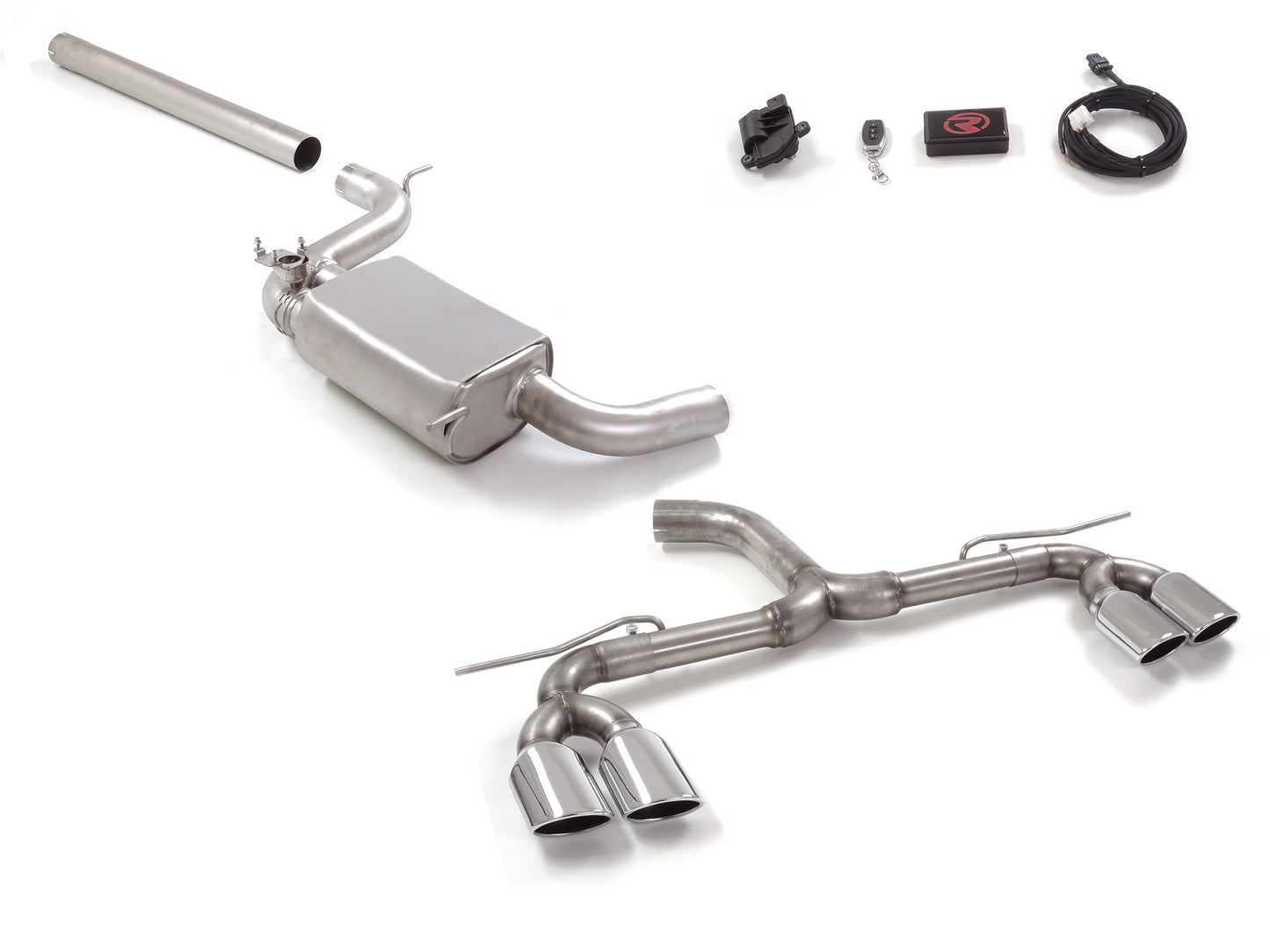 Anlage mit links/rechts je 2 Endrohren 108x70mm oval mit integrierten elektrischen Klappen, KEINE (EG-) GENEHMIGUNG!