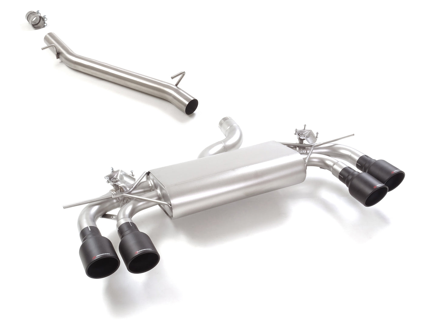 Sportschalldämpfer mit links/rechts je 2 Endrohren 102mm rund Sportline black, inkl. Mittelrohr, mit integrierten Klappen, inkl. (EG-) GENEHMIGUNG!