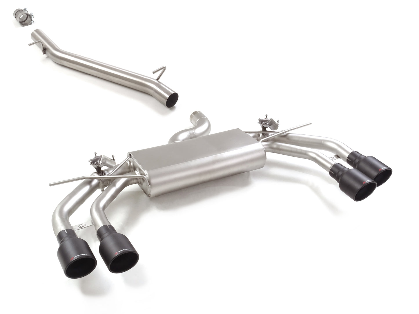 Sportschalldämpfer mit links/rechts je 2 Endrohren 102mm rund Sportline black, inkl. Mittelrohr, mit integrierten Klappen, inkl. (EG-) GENEHMIGUNG!