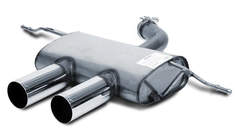 FSW Edelstahl Endschalldämpfer mit 65mm Rohrdurchmesser (Gruppe A+) mit 2 Endrohren 90 mm rund MITTIG, R-LOOK, mit ABE